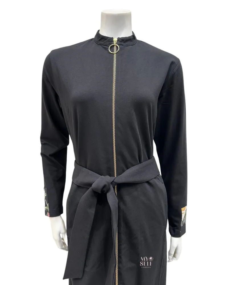 AH941 Floral Hooded Black Zip Front Morning Robe