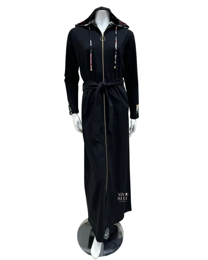AH941 Floral Hooded Black Zip Front Morning Robe