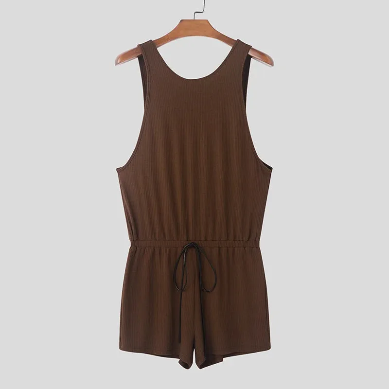 Aidase mens outfits American Style Men's Homewear Fashion Striped Texture Design Jumpsuits Casual Comfortable Thin Sleeveless Bodysuits