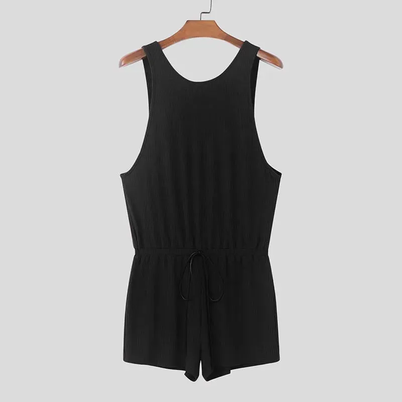 Aidase mens outfits American Style Men's Homewear Fashion Striped Texture Design Jumpsuits Casual Comfortable Thin Sleeveless Bodysuits