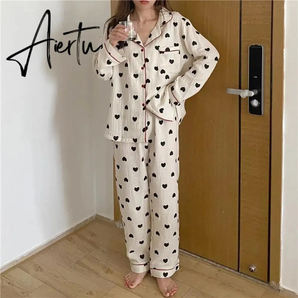 Aiertu  Cotton Pajamas for Women Korean Sleepwear Heart Print Pijama Female Set Woman 2 Pieces Nightwear Autumn Pyjama Long Sleeve
