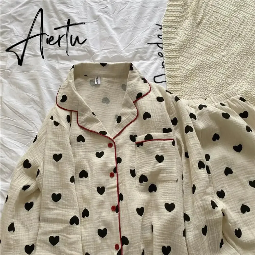 Aiertu  Cotton Pajamas for Women Korean Sleepwear Heart Print Pijama Female Set Woman 2 Pieces Nightwear Autumn Pyjama Long Sleeve