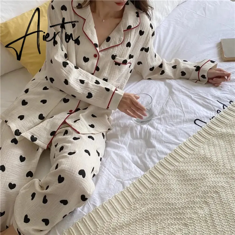 Aiertu  Cotton Pajamas for Women Korean Sleepwear Heart Print Pijama Female Set Woman 2 Pieces Nightwear Autumn Pyjama Long Sleeve