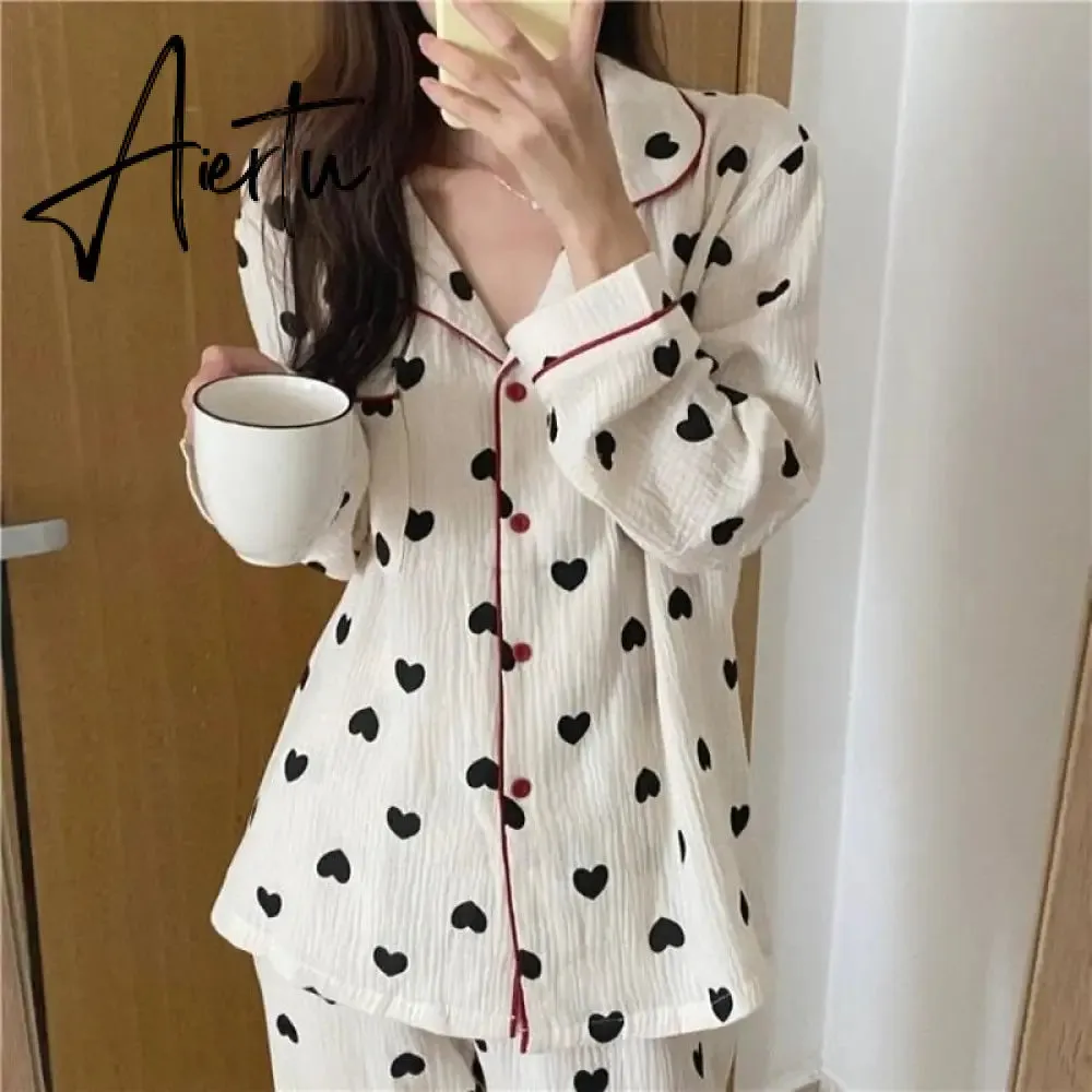 Aiertu  Cotton Pajamas for Women Korean Sleepwear Heart Print Pijama Female Set Woman 2 Pieces Nightwear Autumn Pyjama Long Sleeve