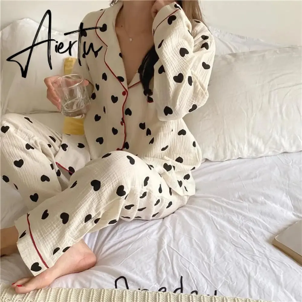 Aiertu  Cotton Pajamas for Women Korean Sleepwear Heart Print Pijama Female Set Woman 2 Pieces Nightwear Autumn Pyjama Long Sleeve