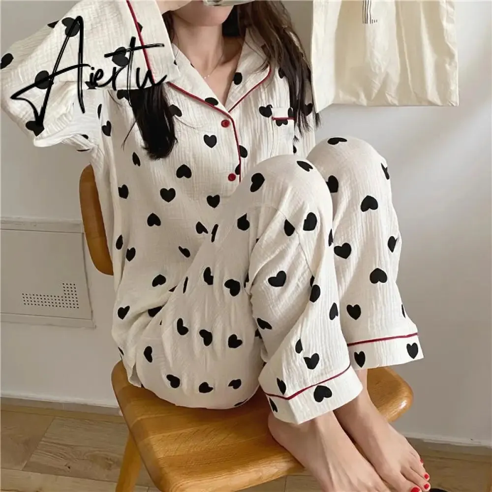 Aiertu  Cotton Pajamas for Women Korean Sleepwear Heart Print Pijama Female Set Woman 2 Pieces Nightwear Autumn Pyjama Long Sleeve