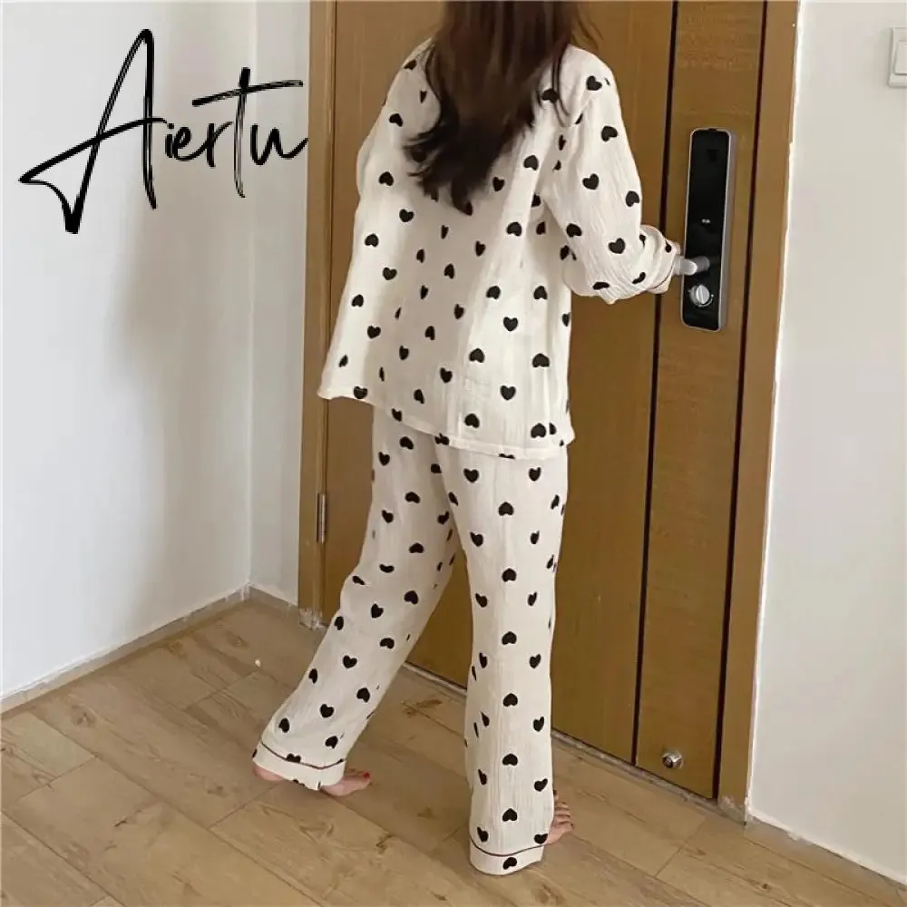 Aiertu  Cotton Pajamas for Women Korean Sleepwear Heart Print Pijama Female Set Woman 2 Pieces Nightwear Autumn Pyjama Long Sleeve