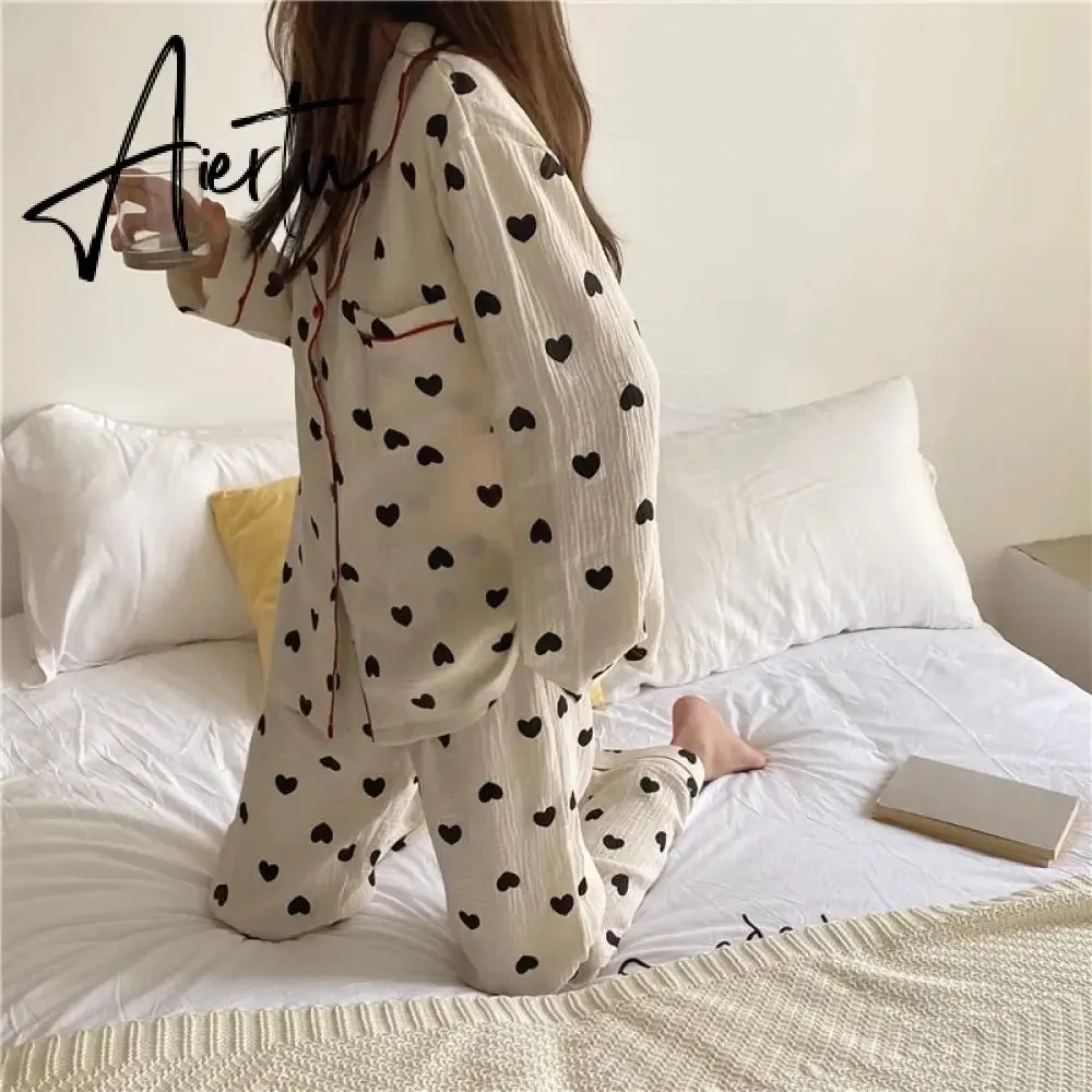 Aiertu  Cotton Pajamas for Women Korean Sleepwear Heart Print Pijama Female Set Woman 2 Pieces Nightwear Autumn Pyjama Long Sleeve