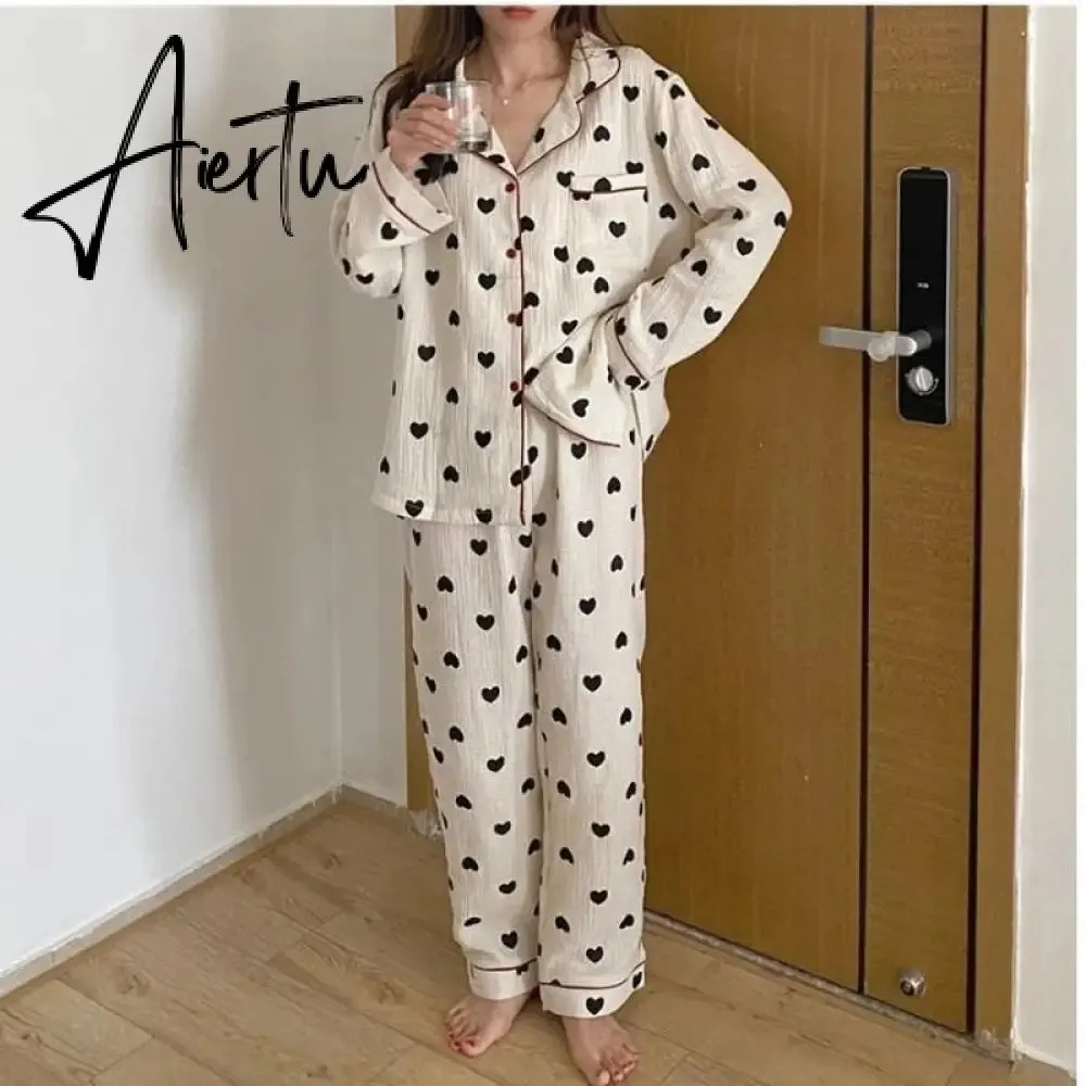Aiertu  Cotton Pajamas for Women Korean Sleepwear Heart Print Pijama Female Set Woman 2 Pieces Nightwear Autumn Pyjama Long Sleeve