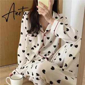 Aiertu  Cotton Pajamas for Women Korean Sleepwear Heart Print Pijama Female Set Woman 2 Pieces Nightwear Autumn Pyjama Long Sleeve