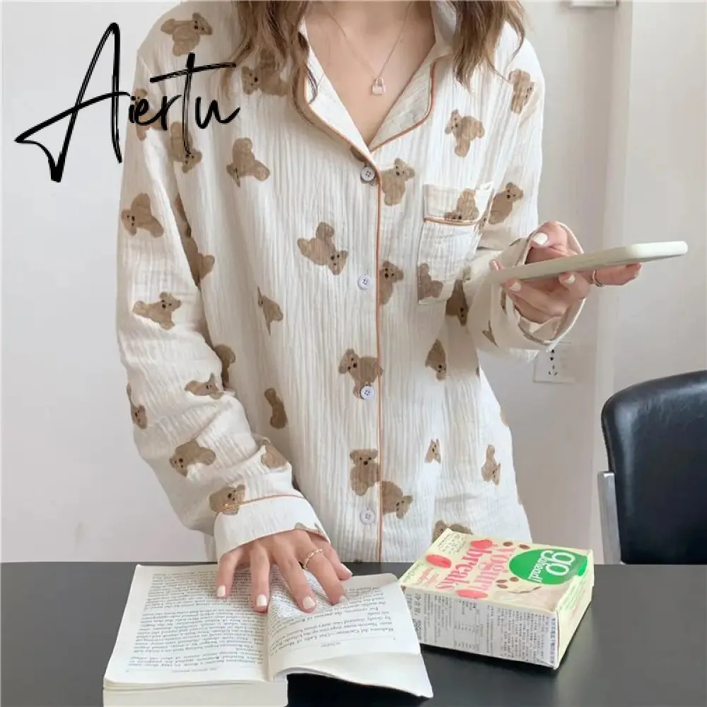 Aiertu  Cotton Women's Pajamas Kawaii Sleepwear Bear Print Couple Nightwear Cute Cartoon Print Pijama 2 Piece Set Pyjamas for Man