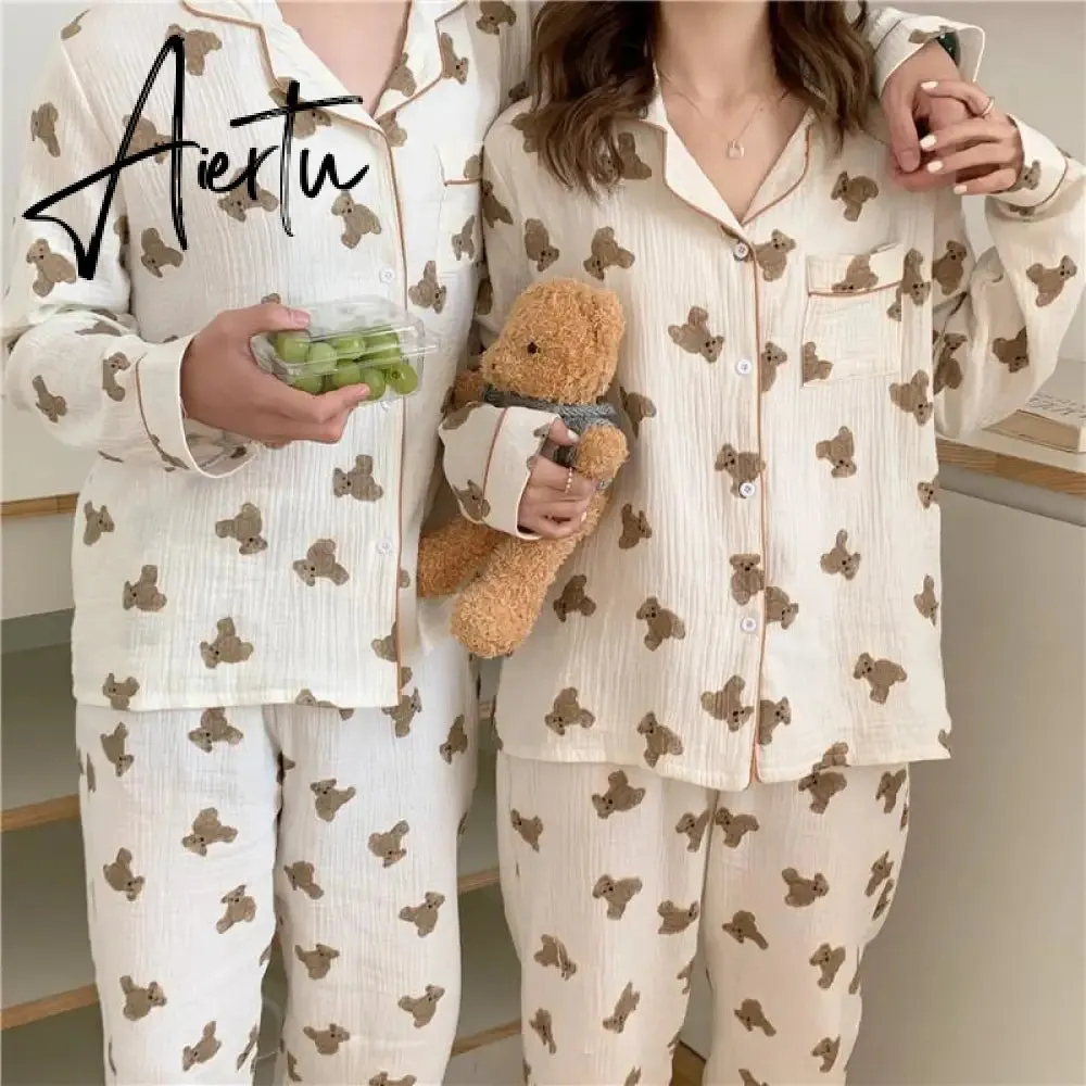 Aiertu  Cotton Women's Pajamas Kawaii Sleepwear Bear Print Couple Nightwear Cute Cartoon Print Pijama 2 Piece Set Pyjamas for Man