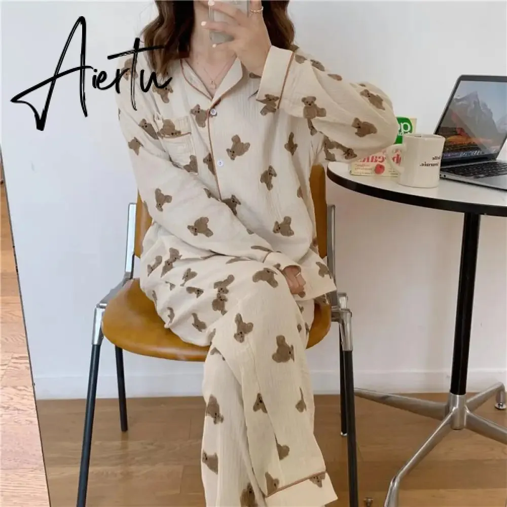 Aiertu  Cotton Women's Pajamas Kawaii Sleepwear Bear Print Couple Nightwear Cute Cartoon Print Pijama 2 Piece Set Pyjamas for Man