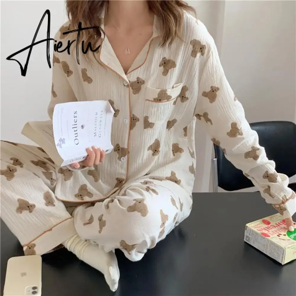 Aiertu  Cotton Women's Pajamas Kawaii Sleepwear Bear Print Couple Nightwear Cute Cartoon Print Pijama 2 Piece Set Pyjamas for Man