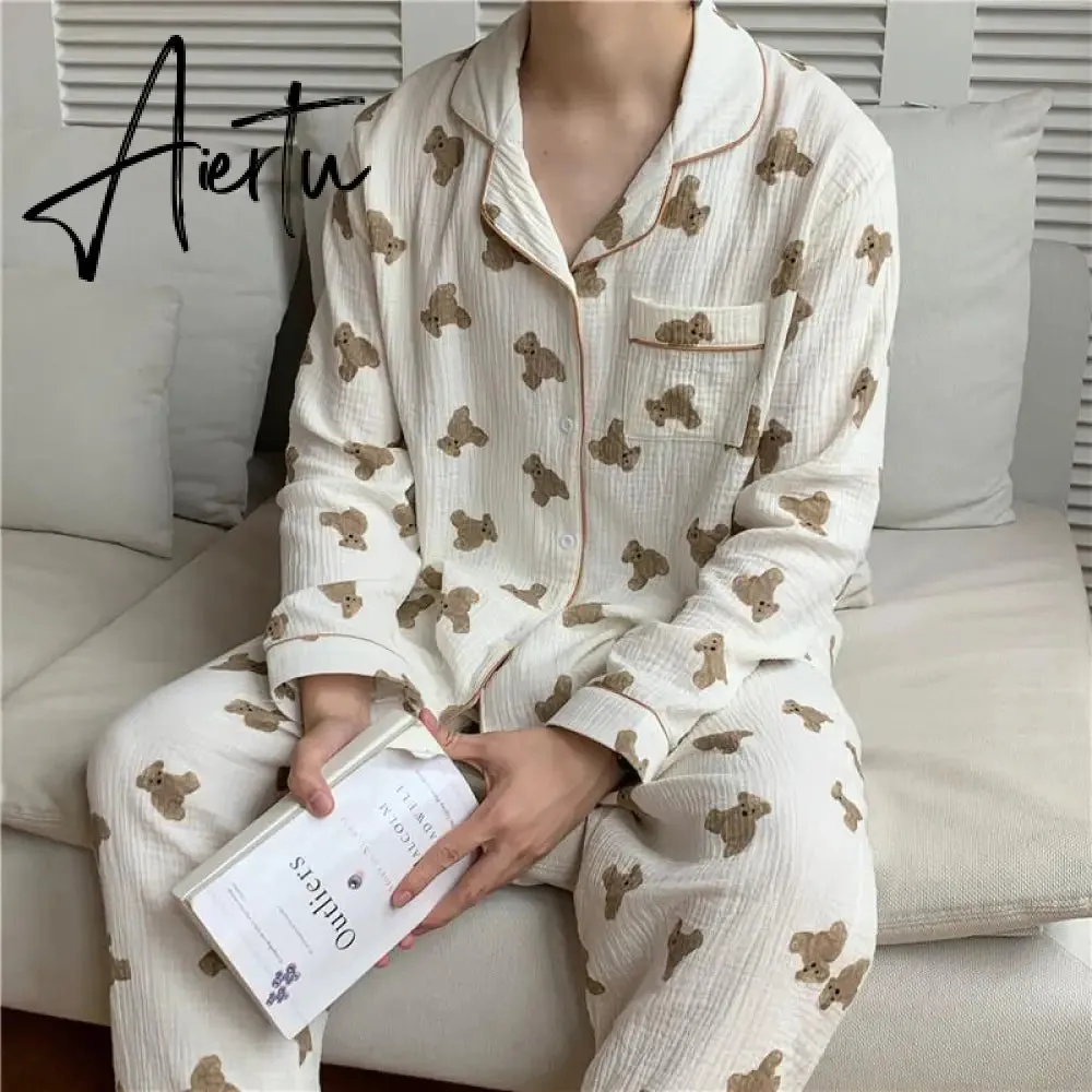 Aiertu  Cotton Women's Pajamas Kawaii Sleepwear Bear Print Couple Nightwear Cute Cartoon Print Pijama 2 Piece Set Pyjamas for Man