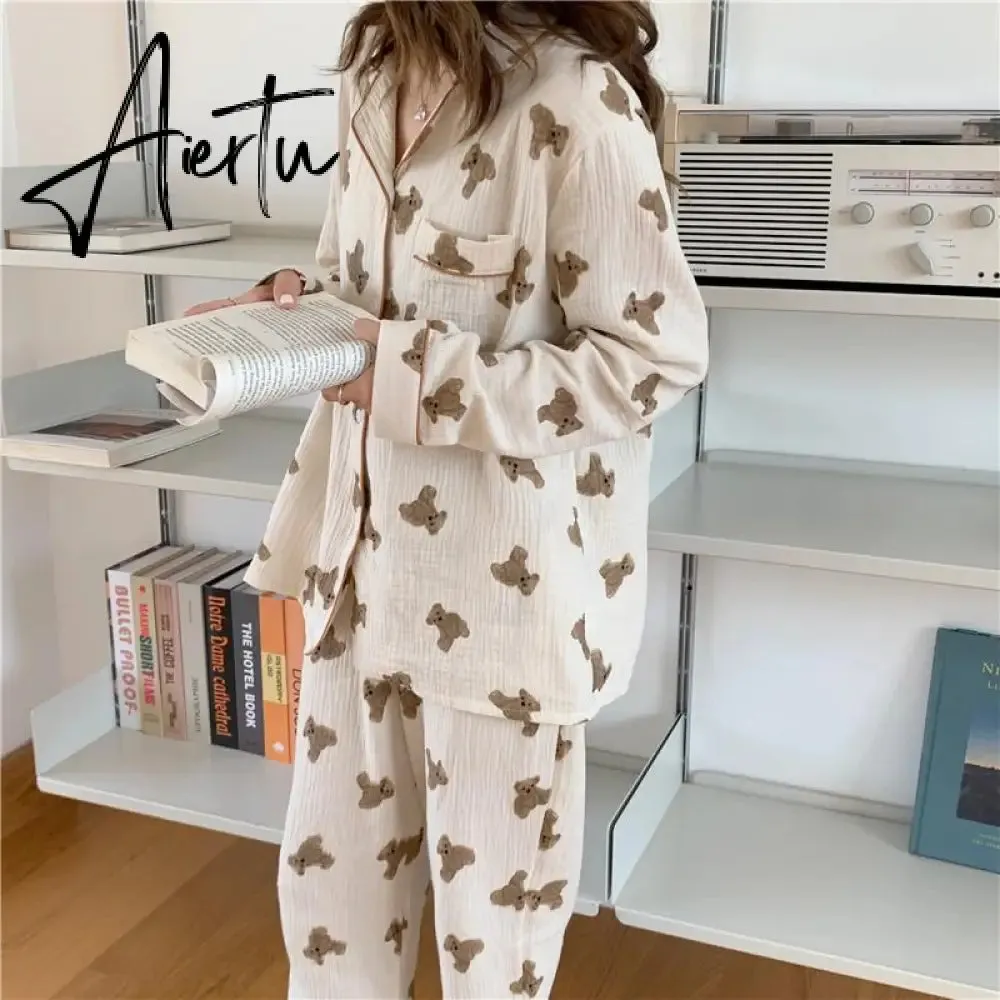 Aiertu  Cotton Women's Pajamas Kawaii Sleepwear Bear Print Couple Nightwear Cute Cartoon Print Pijama 2 Piece Set Pyjamas for Man