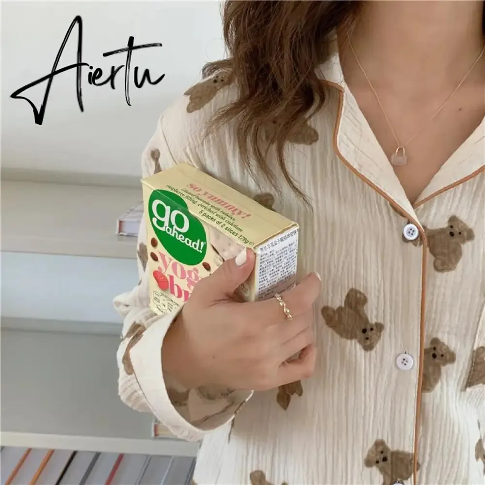 Aiertu  Cotton Women's Pajamas Kawaii Sleepwear Bear Print Couple Nightwear Cute Cartoon Print Pijama 2 Piece Set Pyjamas for Man