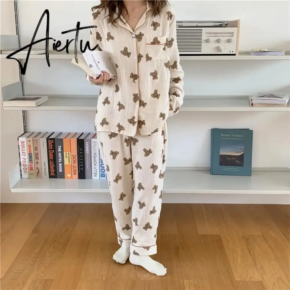Aiertu  Cotton Women's Pajamas Kawaii Sleepwear Bear Print Couple Nightwear Cute Cartoon Print Pijama 2 Piece Set Pyjamas for Man