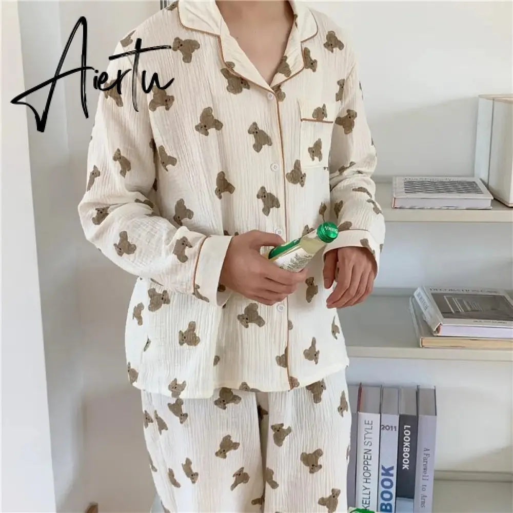 Aiertu  Cotton Women's Pajamas Kawaii Sleepwear Bear Print Couple Nightwear Cute Cartoon Print Pijama 2 Piece Set Pyjamas for Man