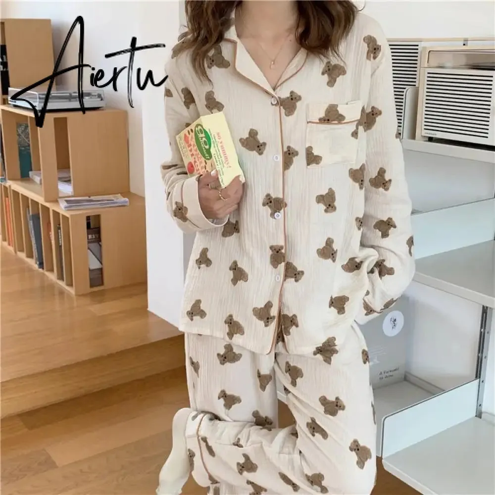 Aiertu  Cotton Women's Pajamas Kawaii Sleepwear Bear Print Couple Nightwear Cute Cartoon Print Pijama 2 Piece Set Pyjamas for Man