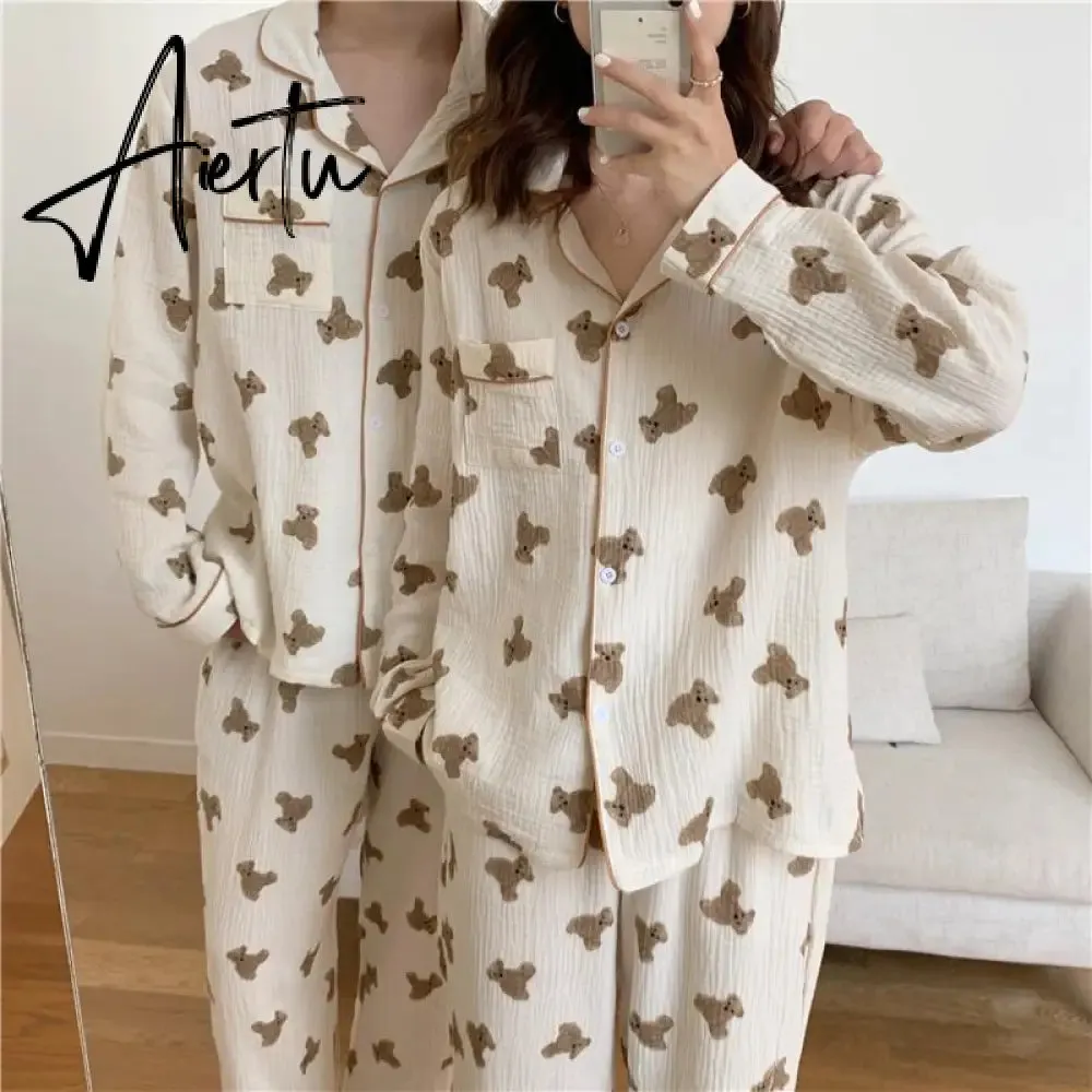 Aiertu  Cotton Women's Pajamas Kawaii Sleepwear Bear Print Couple Nightwear Cute Cartoon Print Pijama 2 Piece Set Pyjamas for Man