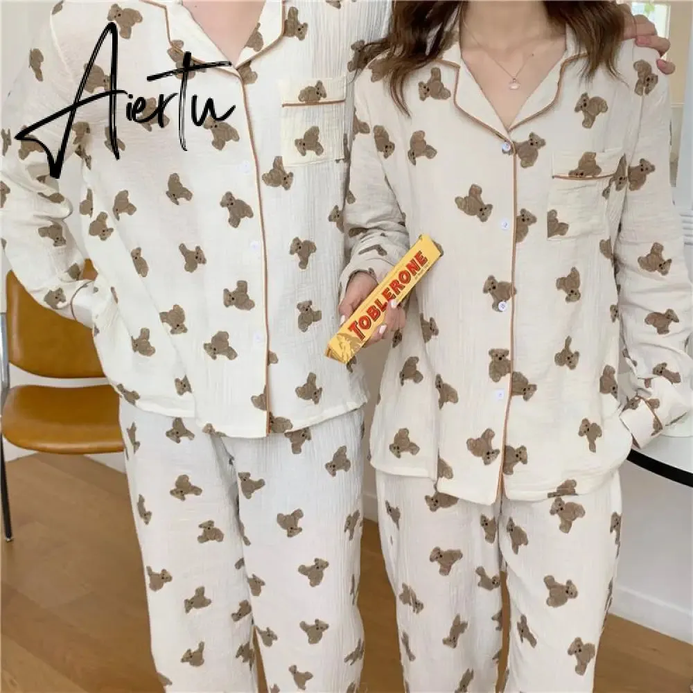Aiertu  Cotton Women's Pajamas Kawaii Sleepwear Bear Print Couple Nightwear Cute Cartoon Print Pijama 2 Piece Set Pyjamas for Man