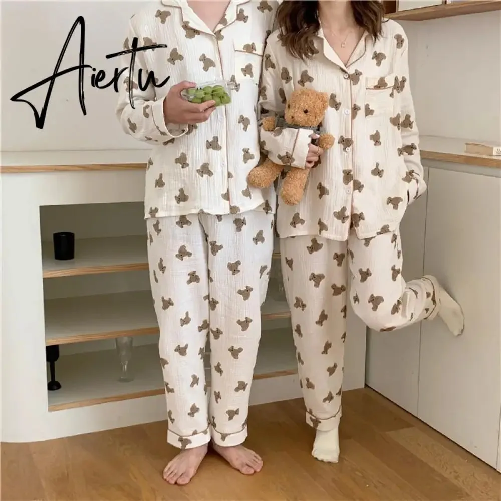 Aiertu  Cotton Women's Pajamas Kawaii Sleepwear Bear Print Couple Nightwear Cute Cartoon Print Pijama 2 Piece Set Pyjamas for Man