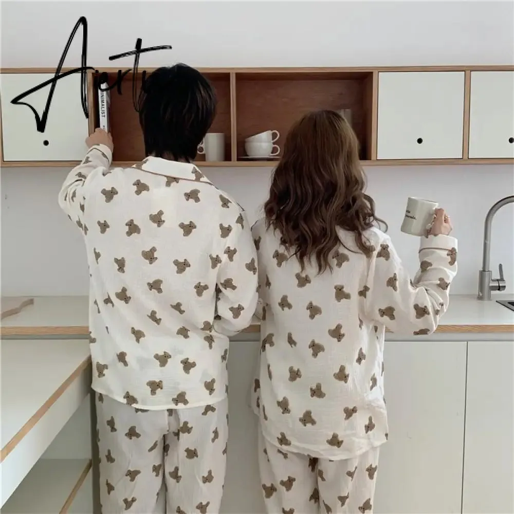 Aiertu  Cotton Women's Pajamas Kawaii Sleepwear Bear Print Couple Nightwear Cute Cartoon Print Pijama 2 Piece Set Pyjamas for Man
