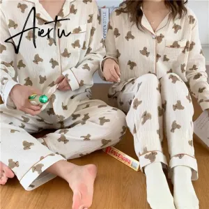 Aiertu  Cotton Women's Pajamas Kawaii Sleepwear Bear Print Couple Nightwear Cute Cartoon Print Pijama 2 Piece Set Pyjamas for Man