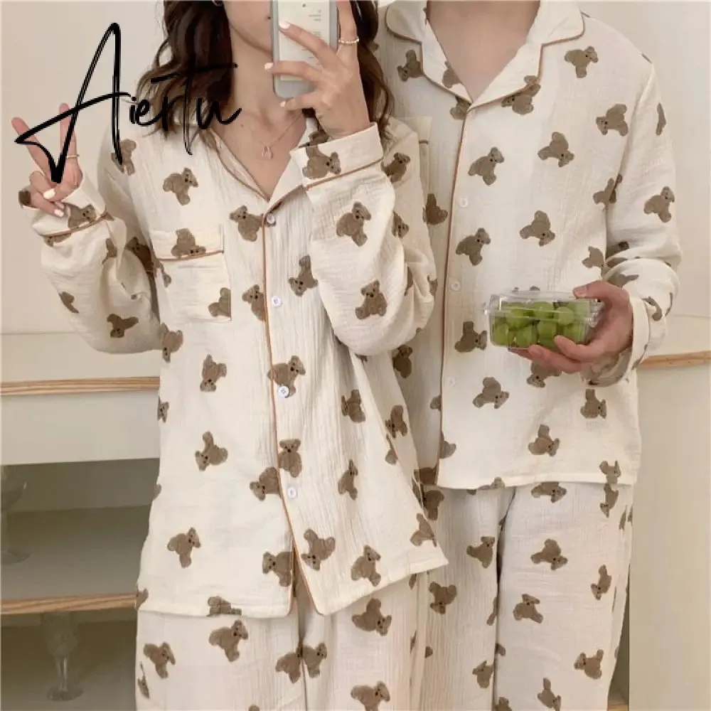 Aiertu  Cotton Women's Pajamas Kawaii Sleepwear Bear Print Couple Nightwear Cute Cartoon Print Pijama 2 Piece Set Pyjamas for Man