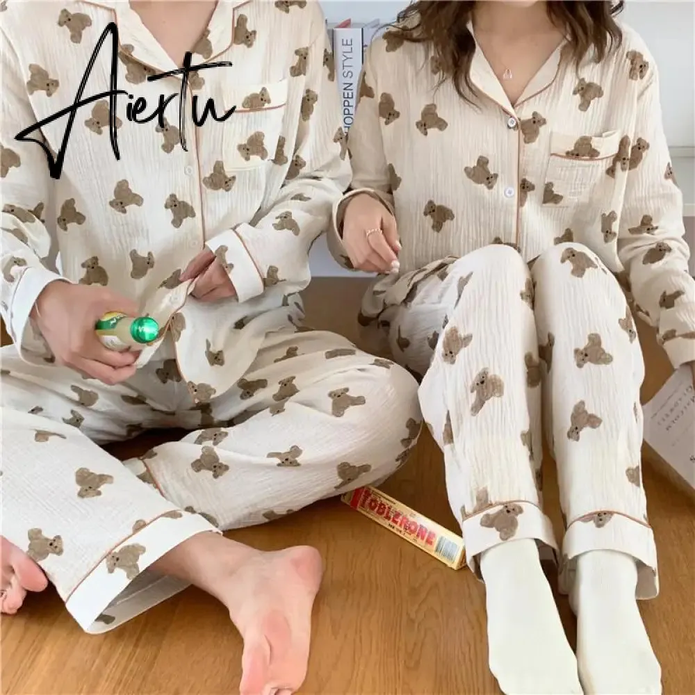 Aiertu  Cotton Women's Pajamas Kawaii Sleepwear Bear Print Couple Nightwear Cute Cartoon Print Pijama 2 Piece Set Pyjamas for Man