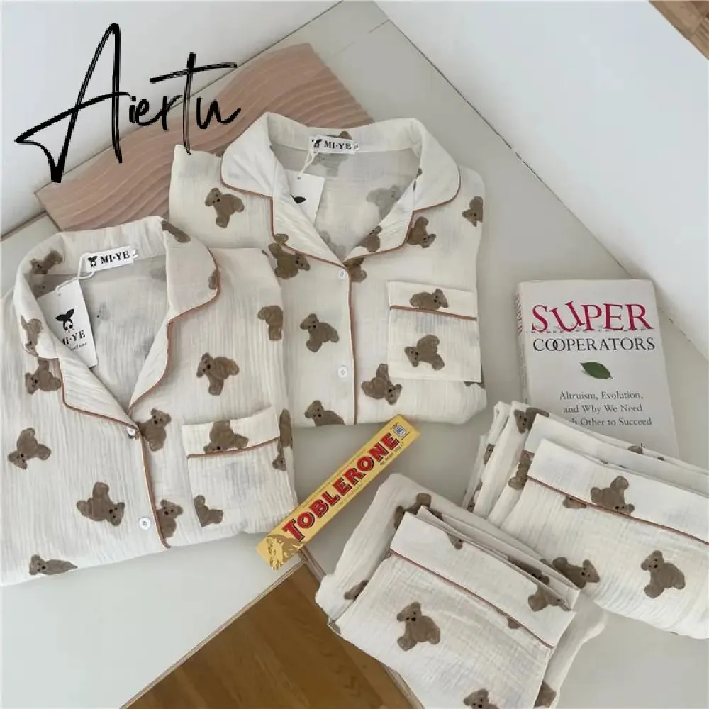 Aiertu  Cotton Women's Pajamas Kawaii Sleepwear Bear Print Couple Nightwear Cute Cartoon Print Pijama 2 Piece Set Pyjamas for Man