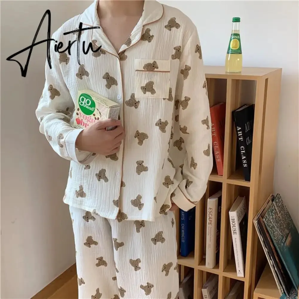 Aiertu  Cotton Women's Pajamas Kawaii Sleepwear Bear Print Couple Nightwear Cute Cartoon Print Pijama 2 Piece Set Pyjamas for Man