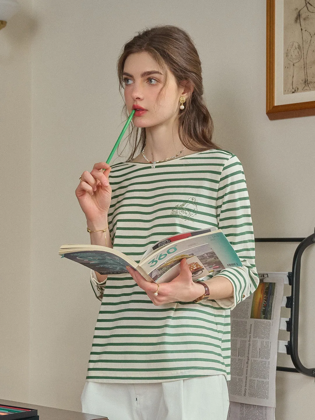 Aika Round Neck Striped 100% Cotton Top NonChafe Tag Placement Tear Resistant Fiber Blend