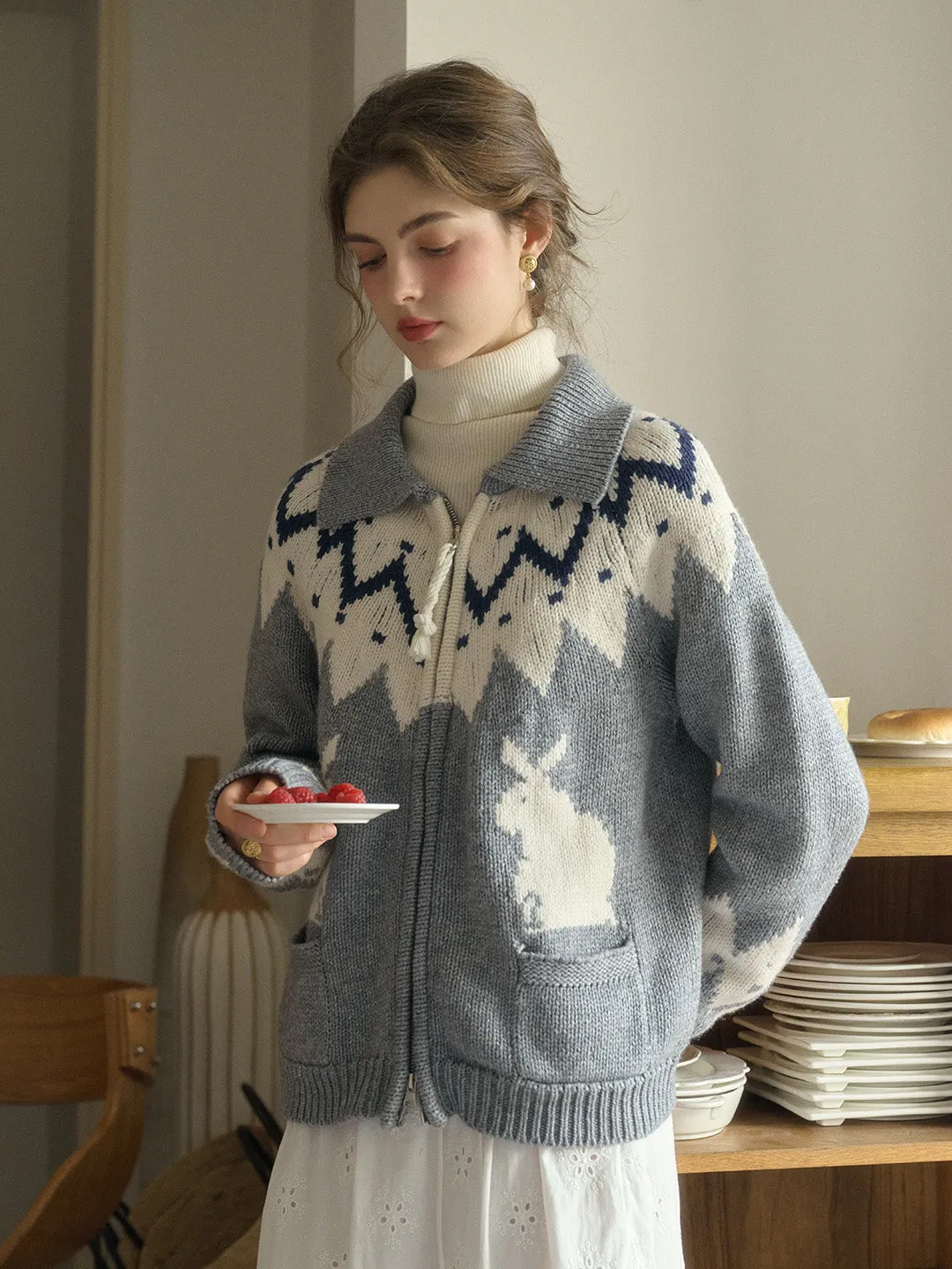 Ailany Notched Collar Fair Isle Double Zipper Wool Cardigan SeamlessDesign