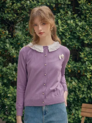 ??Final Sale??Ruby Lace Lapel Contrasting Bow Cardigan - Purple Buttery Soft Handfeel