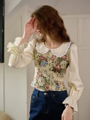??Final Sale??Coraline Lace Doll Collar Bell Sleeves Floral Patchwork Eedwardian Style Top Wrinkle Free Texture Microfiber Material