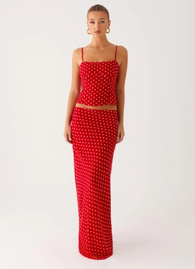 Oversized style Opaque finish Bendita Maxi Skirt - Red Polka Dot