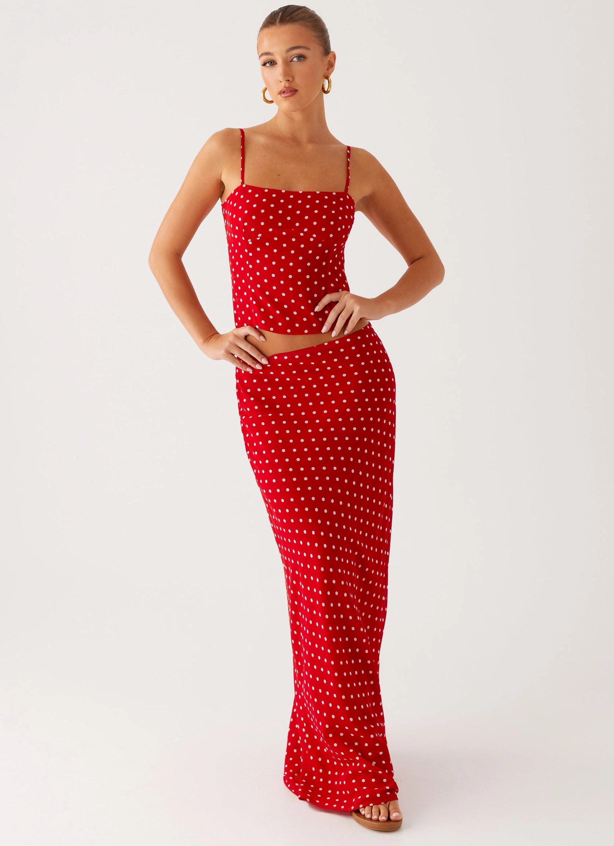 Cool Tone Semi Sheer Bendita Maxi Skirt - Red Polka Dot