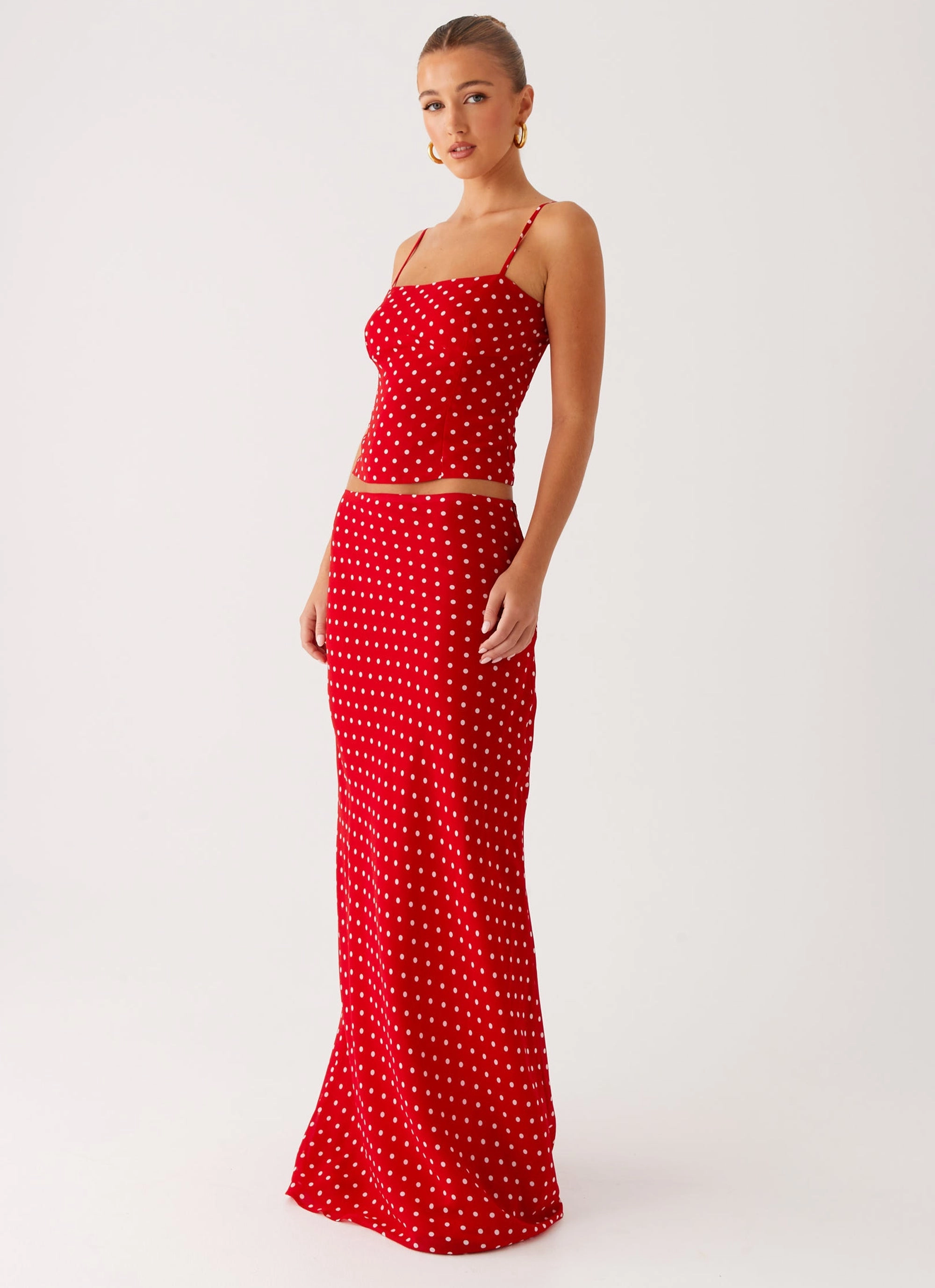 Bendita Maxi Skirt - Red Polka Dot Smooth Look Faux Leather