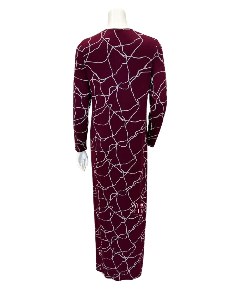 AJ828WN Wine Silver Swirl Print Snap Front Modal Nightgown
