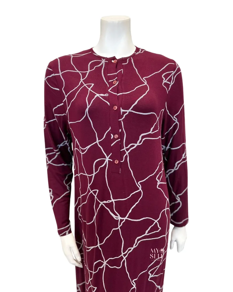AJ828WN Wine Silver Swirl Print Snap Front Modal Nightgown