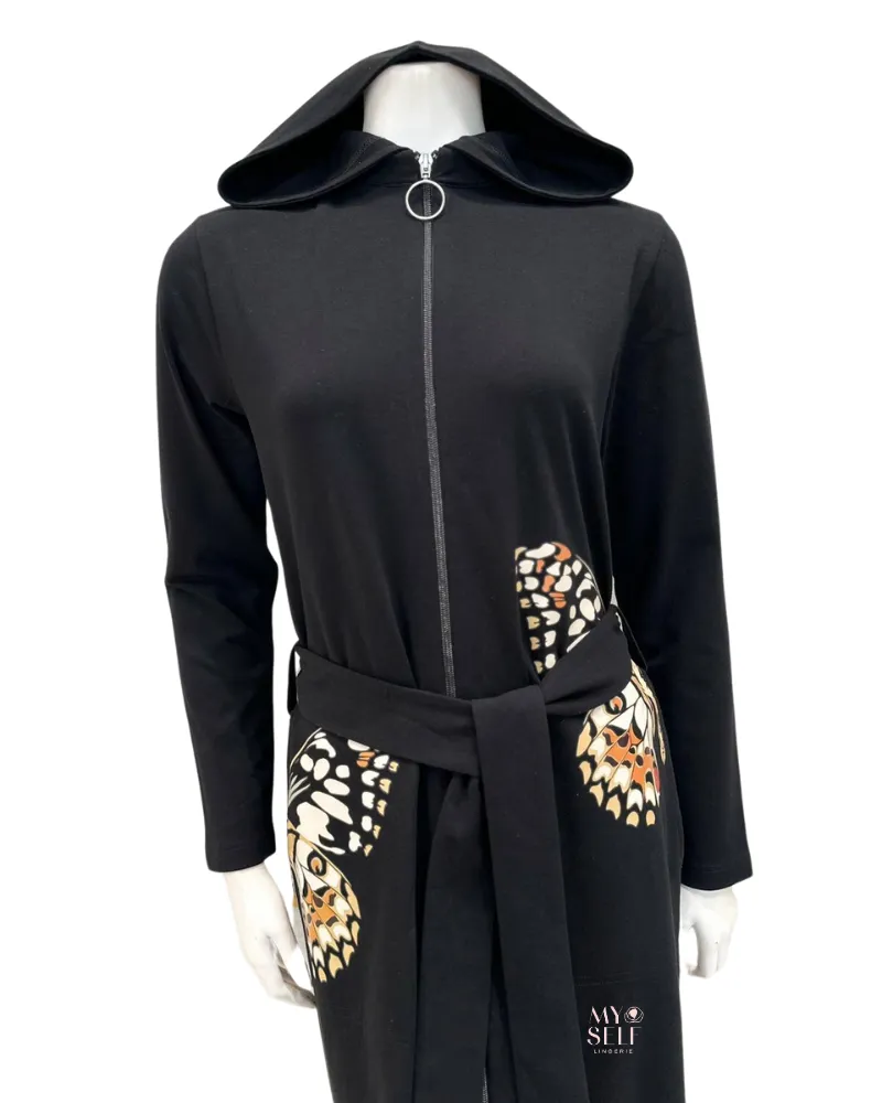 AJ906 Butterfly Print Black Zippered Cotton Morning Robe w/ Removable Hood
