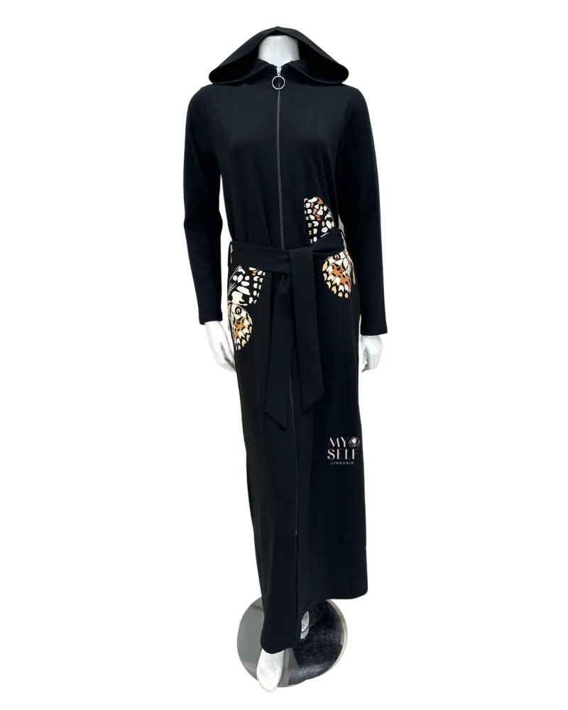 AJ906 Butterfly Print Black Zippered Cotton Morning Robe w/ Removable Hood