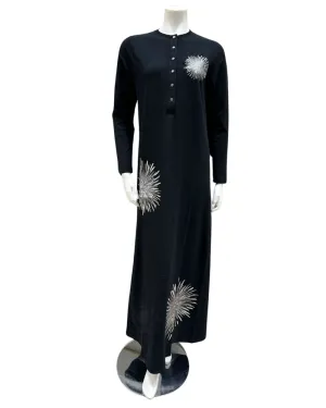 AK812 Starburst Screen Print Snap Front Black Cotton Nightgown