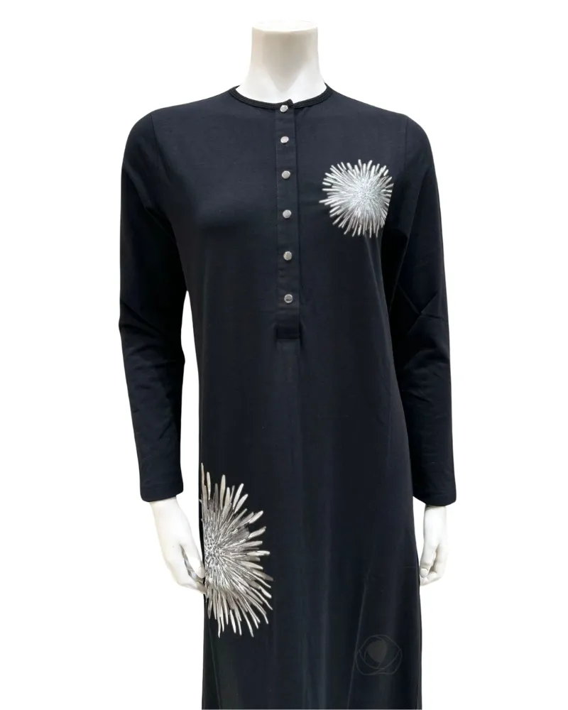 AK812 Starburst Screen Print Snap Front Black Cotton Nightgown