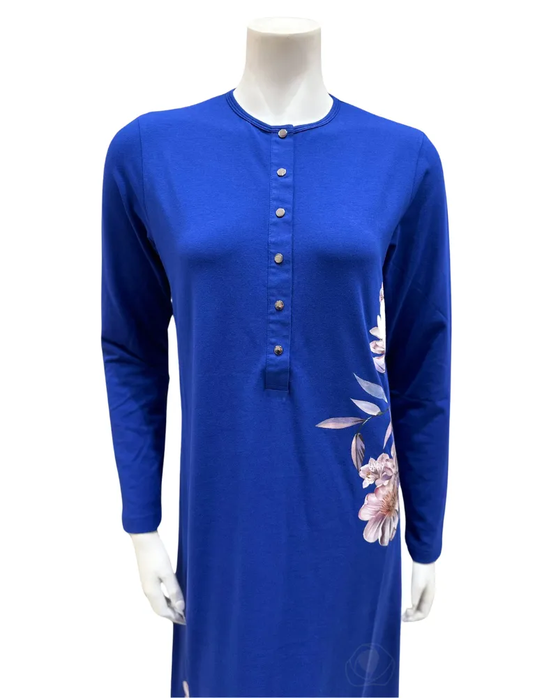 AK821 Flower Screen Print Snap Front Cobalt Cotton Nightgown