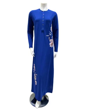 AK821 Flower Screen Print Snap Front Cobalt Cotton Nightgown