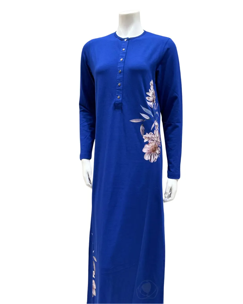 AK821 Flower Screen Print Snap Front Cobalt Cotton Nightgown