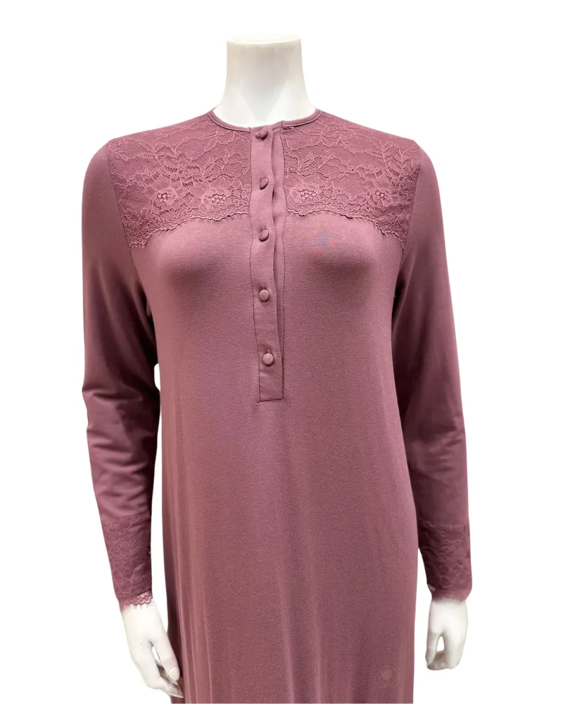 AK853MVE Mauve Lace Button Down Modal Nightgown